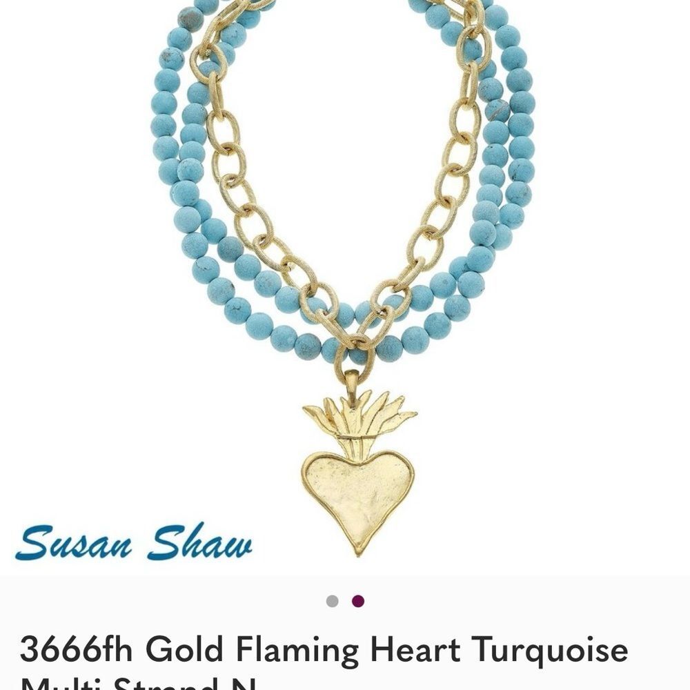 Susan Shaw Gold and Turquoise Heart Necklace Flaming Heart